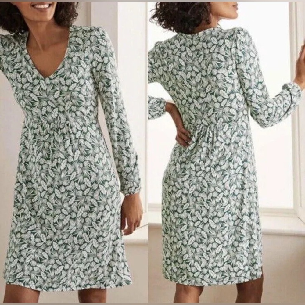 Boden Hattie Green & White Leaf Print Long Sleeve Dress – Size 2